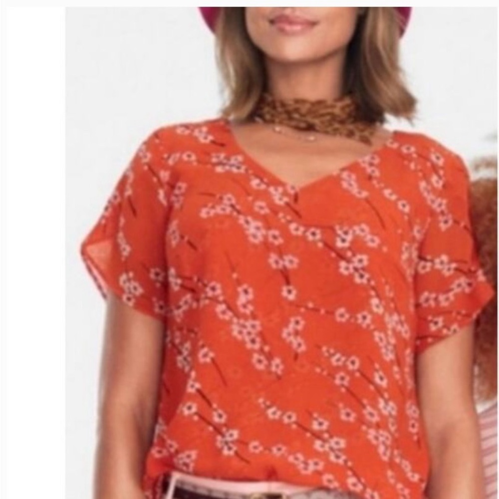 CAbi Orange Floral Blouse